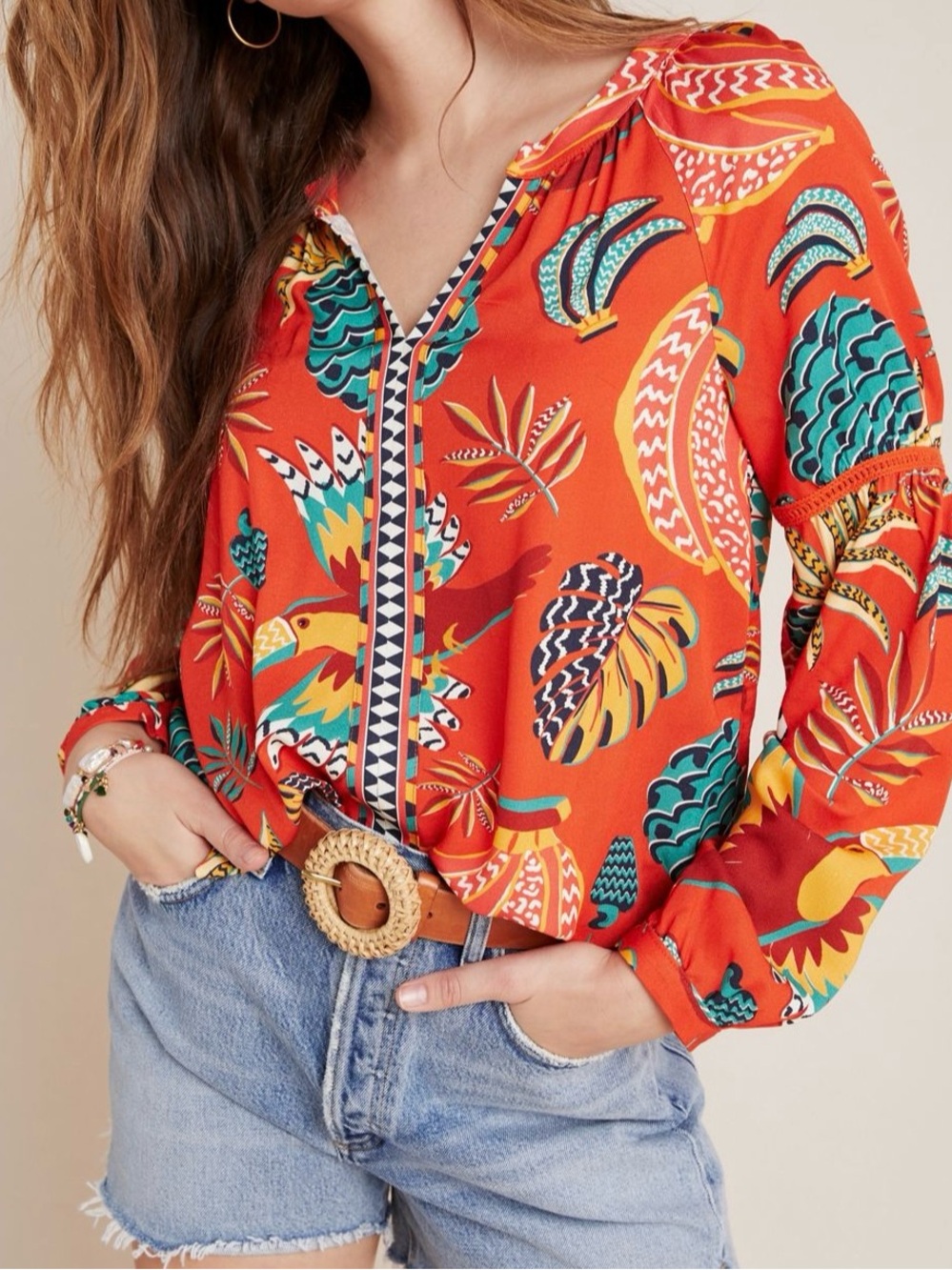 Farm Rio Angela Blouse Tropical Scenario Toucan Pineapple Anthropologie Medium